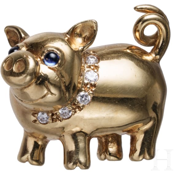Goldbrosche in Form eines Schweinchens, London, E. Wolfe & Co.