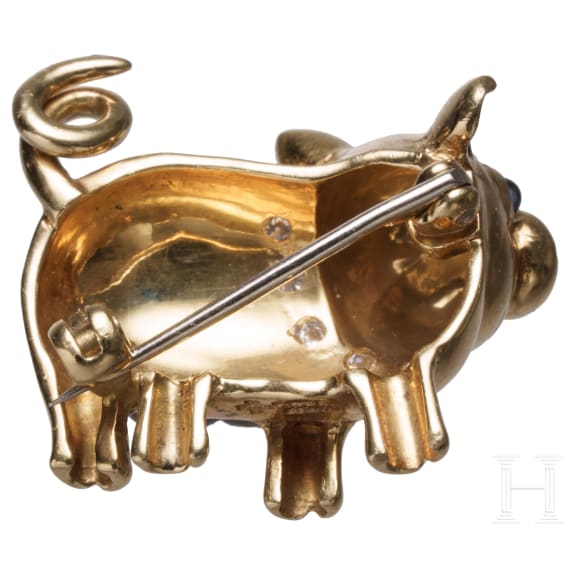 Goldbrosche in Form eines Schweinchens, London, E. Wolfe & Co.