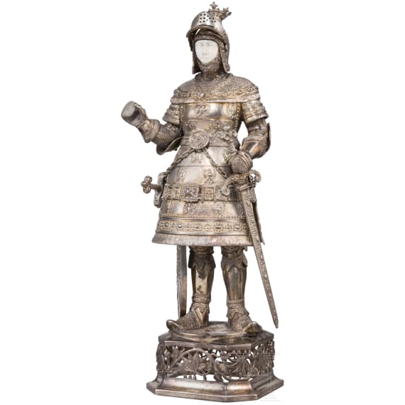Historismusfigur eines Ritters nach den Figuren am Grab von Maximilian I. ("Schwarze Mander") in der Innsbrucker Hofkirche, Hanau, Neresheimer & S&ouml;hne (gegr. 1893), um 1900