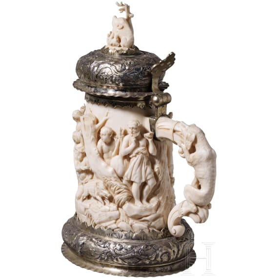 Jagdlicher Elfenbein-Humpen, deutsch, Montierung Hanau oder Schw&auml;bisch Gm&uuml;nd, um 1900