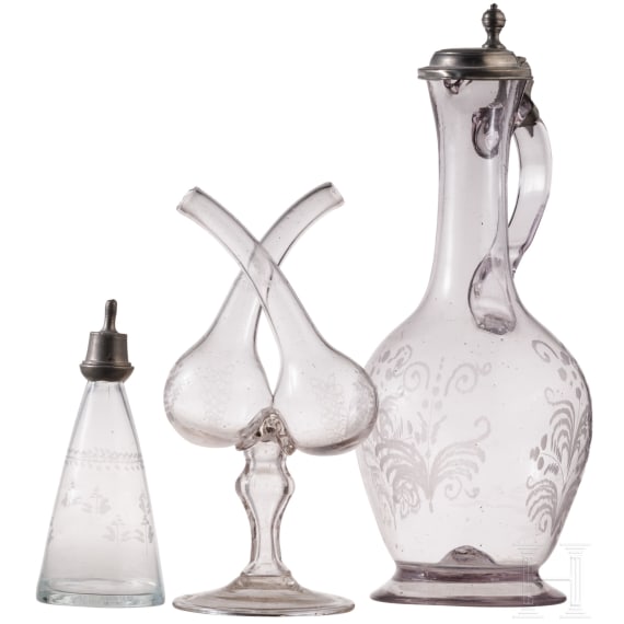 Henkelkrug, Doppelflasche und S&auml;uglingsflasche, wohl deutsch, Ende 18./19. Jhdt.