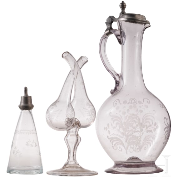 Henkelkrug, Doppelflasche und S&auml;uglingsflasche, wohl deutsch, Ende 18./19. Jhdt.