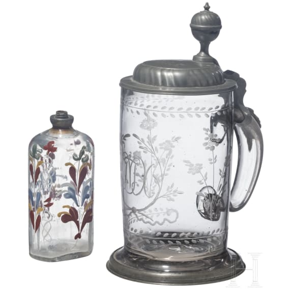 Schnapsflasche und Walzenkrug, deutsch, 18. Jhdt. und Th&uuml;ringen, um 1800