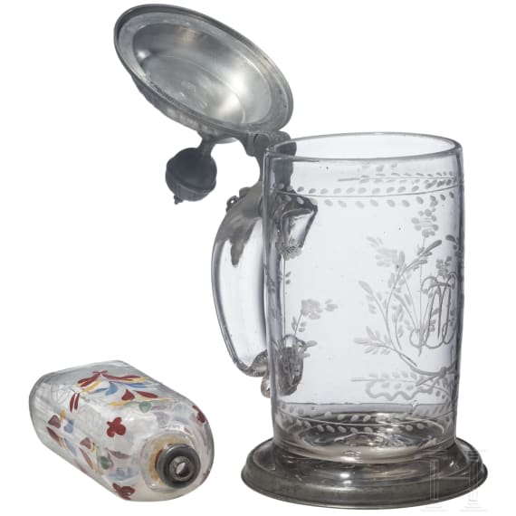 Schnapsflasche und Walzenkrug, deutsch, 18. Jhdt. und Th&uuml;ringen, um 1800