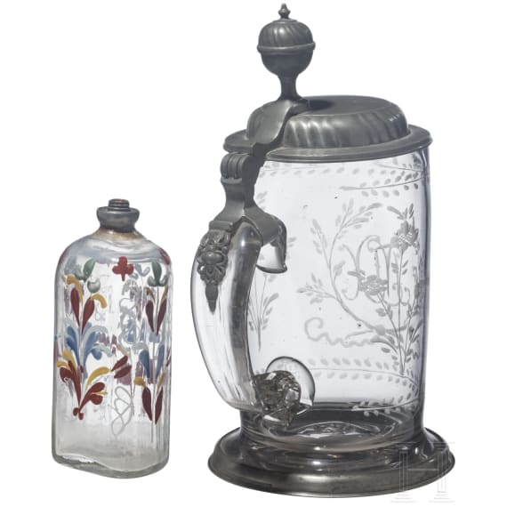Schnapsflasche und Walzenkrug, deutsch, 18. Jhdt. und Th&uuml;ringen, um 1800