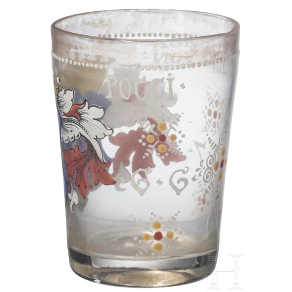 Emailliertes Glas mit Wappen der Grafen von Pocci, Petersdorf, Fritz Heckert, um 1880