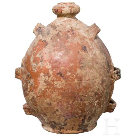 Renaissancezeitliche Flasche mit marmoriertem Glasur&uuml;berzug und Durchz&uuml;gen f&uuml;r H&auml;ngeriemen, Norditalien, um 1600