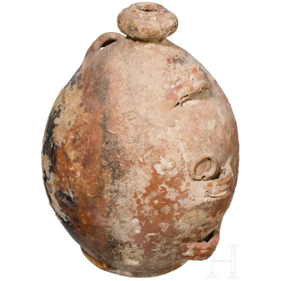 Renaissancezeitliche Flasche mit marmoriertem Glasur&uuml;berzug und Durchz&uuml;gen f&uuml;r H&auml;ngeriemen, Norditalien, um 1600