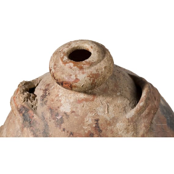 Renaissancezeitliche Flasche mit marmoriertem Glasur&uuml;berzug und Durchz&uuml;gen f&uuml;r H&auml;ngeriemen, Norditalien, um 1600