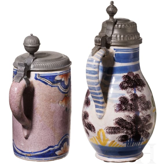 Walzenkrug und Birnkrug mit Zinnmontierung, Th&uuml;ringen/Hanau, 18. Jhdt.