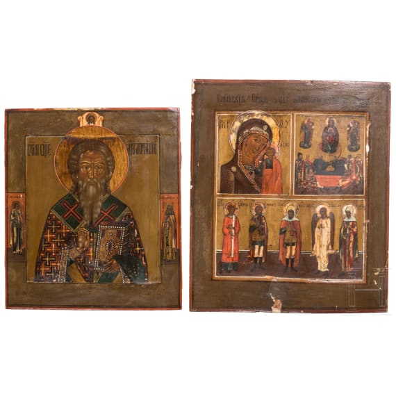 Zwei Ikonen - Heiliger Antipas und Dreifelderikone mit der Gottesmutter "lebenspendende Quelle", Russland, 19. Jhdt.