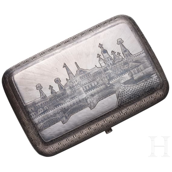 Silber- und Niellodose mit Stadtansicht mit Moskauer Kreml, Russland, 2. H&auml;lfte 19. Jhdt.
