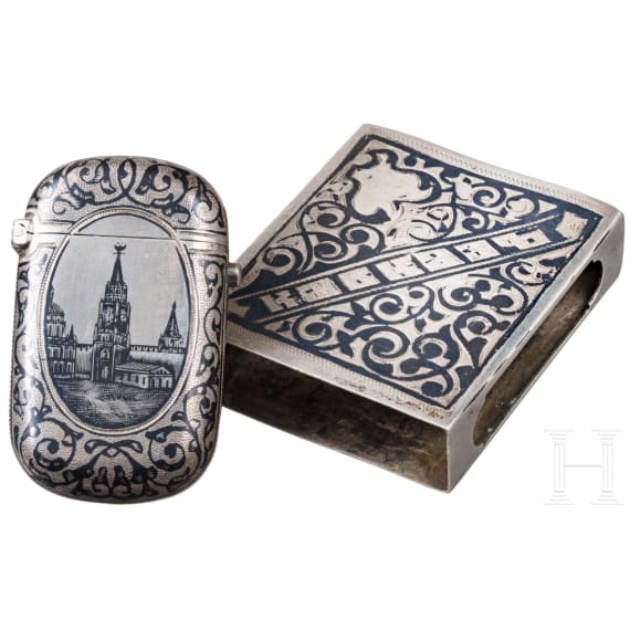Kleines Niello-Etui und Niello-Streichholzschachtel, Russland, 1896 - 1908