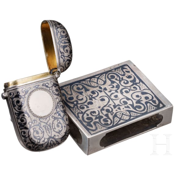 Kleines Niello-Etui und Niello-Streichholzschachtel, Russland, 1896 - 1908