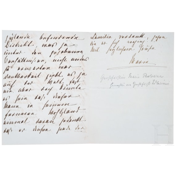 Gro&szlig;f&uuml;rstin Maria Pavlovna Romanova von Russland (1854 - 1920) - eigenh&auml;ndiger Brief mit Unterschrift