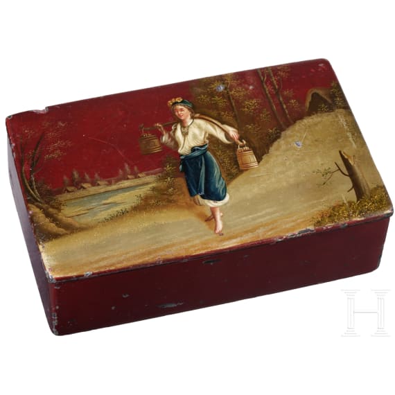 Rote Lackdose "Frau mit Schulterjoch", Russland, Ostaschkowo, Werkstatt Osip F. Wischnjakow mit S&ouml;hnen, 1882-88