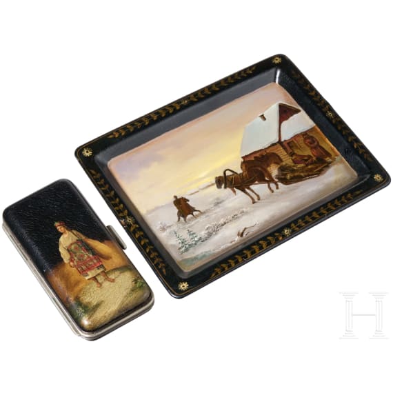 Lack-Etui und kleines Tablett, Russland, Ostaschkow, Werkstatt Osip F. Wischnjakow mit S&ouml;hnen, 1885 - 1888
