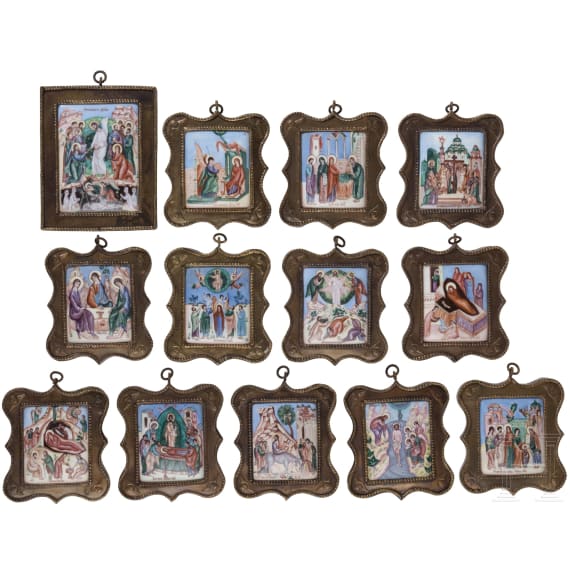 13 Finift-Ikonen mit der Hadesfahrt Christi und Festtagen (Festtagsikone), Russland, um 1900