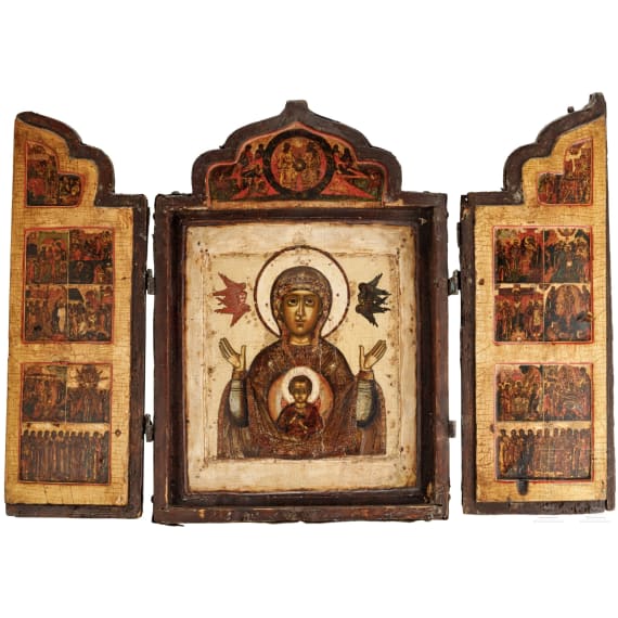 Gro&szlig;es Ikonen-Triptychon mit der Gottesmutter des Zeichens, Russland, um 1700
