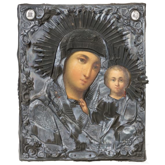 Ikone mit der Gottesmutter von Kasan (Kasankaja) mit Silberoklad, Russland, 19. Jhdt. (Ikone), Moskau, 1856 (Oklad)