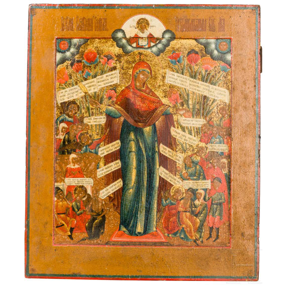 Gro&szlig;formatige Ikone mit der Gottesmutter "Freude aller Leidenden", Russland, um 1800