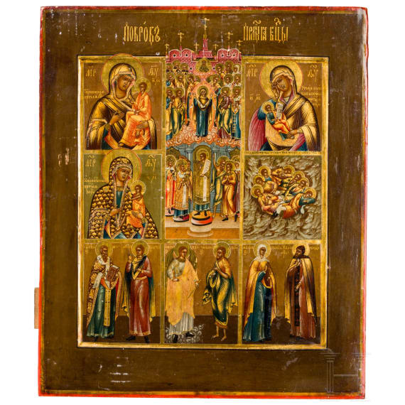 Sehr fein gemalte Achtfelder-Ikone mit der Gottesmutter Pokrow, Russland, Anfang 19. Jhdt.