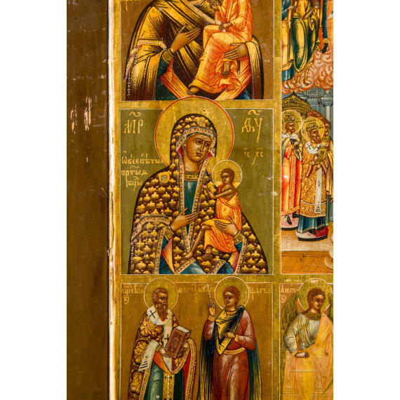 Sehr fein gemalte Achtfelder-Ikone mit der Gottesmutter Pokrow, Russland, Anfang 19. Jhdt.