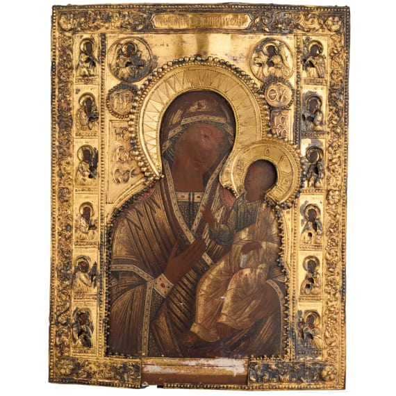 Gro&szlig;formatige Ikone mit der Gottesmutter und dem Christusknaben mit vergoldeter Riza, Russland, 19. Jhdt.