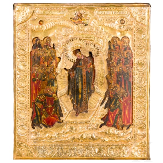Ikone mit der Gottesmutter "Freude aller Leidenden" mit vergoldetem Basma, Russland, 19. Jhdt.