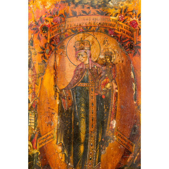 Ikone mit der Gottesmutter "Freude aller Leidenden" mit vergoldetem Basma, Russland, 19. Jhdt.