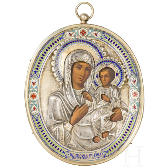 Ikone mit der Gottesmutter Iwerskaja mit Email-Oklad, Russland, Ende 19. Jhdt. (Ikone), Moskau, Dmitri A. Gorbunow, 1890 (Oklad)