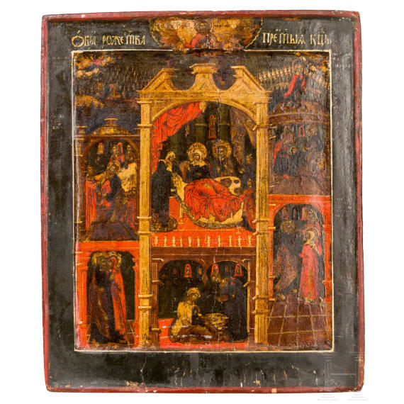 Mehrszenige Ikone mit der Geburt der Gottesmutter, Russland, um 1700