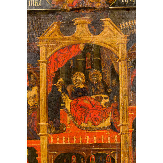 Mehrszenige Ikone mit der Geburt der Gottesmutter, Russland, um 1700