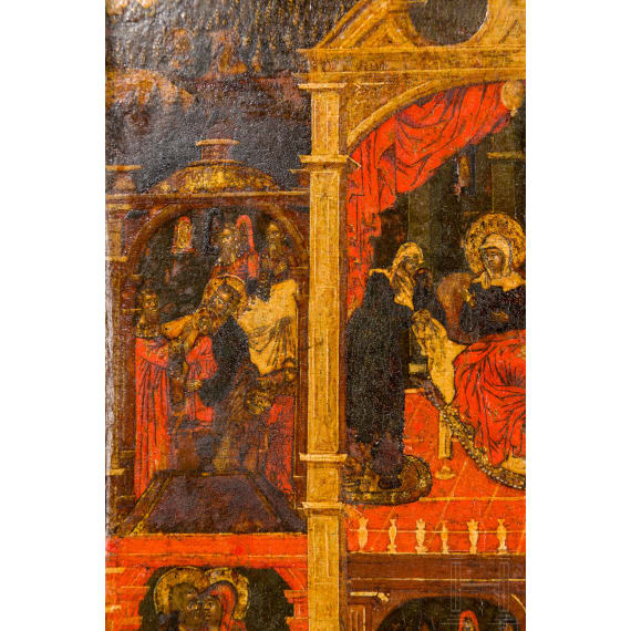 Mehrszenige Ikone mit der Geburt der Gottesmutter, Russland, um 1700