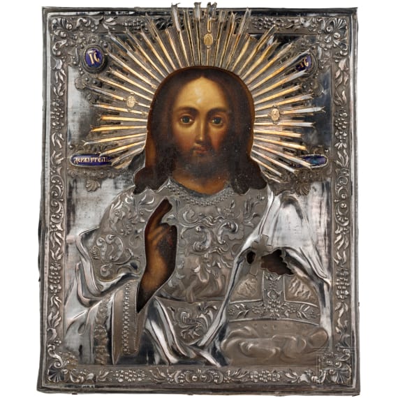 Ikone mit Christus als Weltenherrscher mit Silberoklad, Russland, 19. Jhdt. (Ikone), Moskau, wohl Dimitrij Alexandrow, 1840 (Oklad)