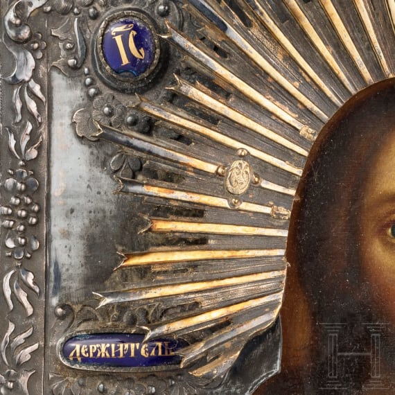 Ikone mit Christus als Weltenherrscher mit Silberoklad, Russland, 19. Jhdt. (Ikone), Moskau, wohl Dimitrij Alexandrow, 1840 (Oklad)