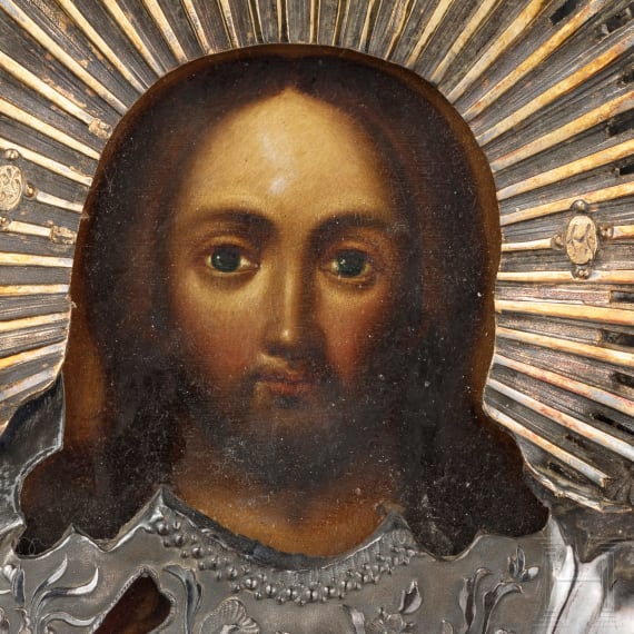 Ikone mit Christus als Weltenherrscher mit Silberoklad, Russland, 19. Jhdt. (Ikone), Moskau, wohl Dimitrij Alexandrow, 1840 (Oklad)