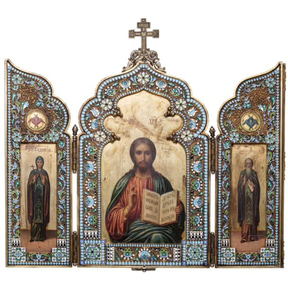 Bedeutendes Cloisonn&eacute;-Email-Ikonen-Triptychon mit dem Christus Pantokrator, Russland, Moskau, Pawel Owtschinnikow, 1897