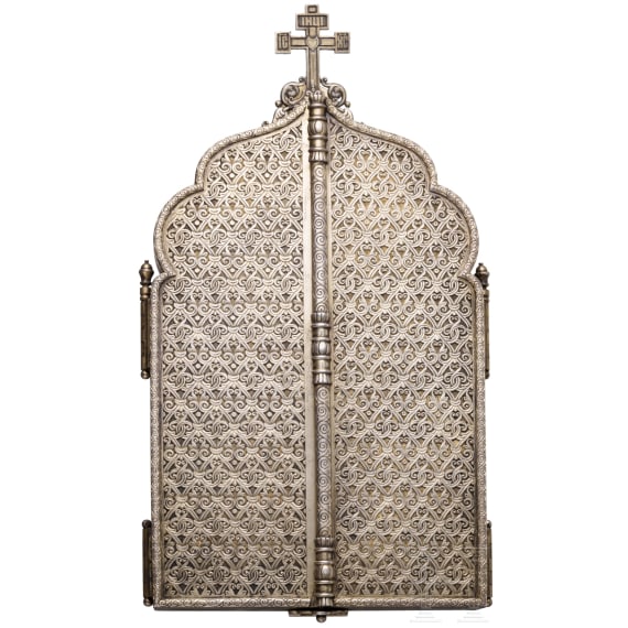 Bedeutendes Cloisonn&eacute;-Email-Ikonen-Triptychon mit dem Christus Pantokrator, Russland, Moskau, Pawel Owtschinnikow, 1897