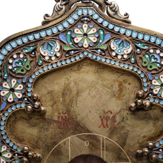 Bedeutendes Cloisonn&eacute;-Email-Ikonen-Triptychon mit dem Christus Pantokrator, Russland, Moskau, Pawel Owtschinnikow, 1897