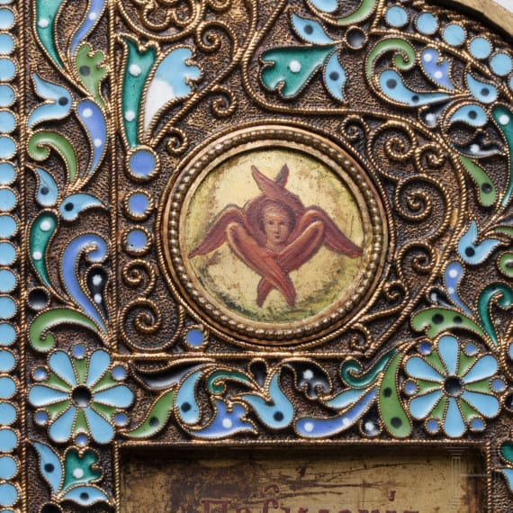 Bedeutendes Cloisonn&eacute;-Email-Ikonen-Triptychon mit dem Christus Pantokrator, Russland, Moskau, Pawel Owtschinnikow, 1897