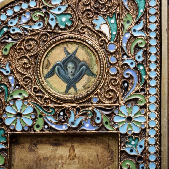 Bedeutendes Cloisonn&eacute;-Email-Ikonen-Triptychon mit dem Christus Pantokrator, Russland, Moskau, Pawel Owtschinnikow, 1897