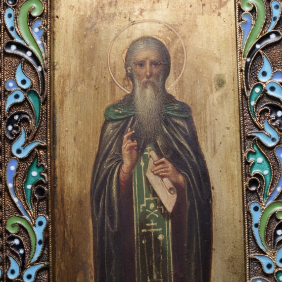 Bedeutendes Cloisonn&eacute;-Email-Ikonen-Triptychon mit dem Christus Pantokrator, Russland, Moskau, Pawel Owtschinnikow, 1897