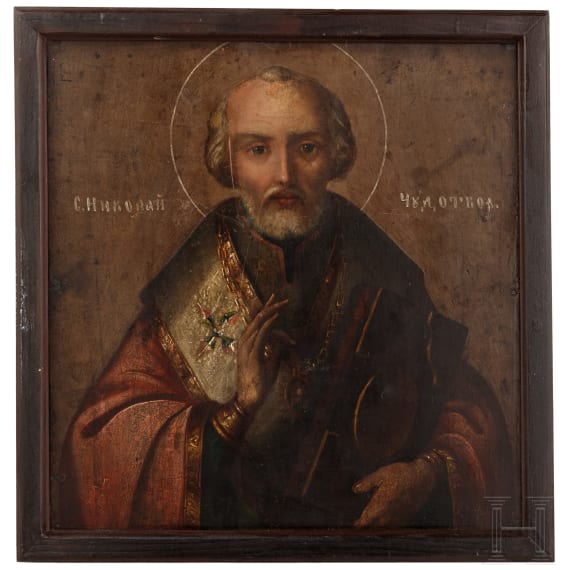 Doppelseitige Ikone mit dem Haupt Johannes des T&auml;ufers und dem Heiligen Nikolaus, Russland, 19. Jhdt.