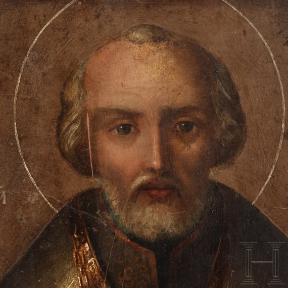 Doppelseitige Ikone mit dem Haupt Johannes des T&auml;ufers und dem Heiligen Nikolaus, Russland, 19. Jhdt.