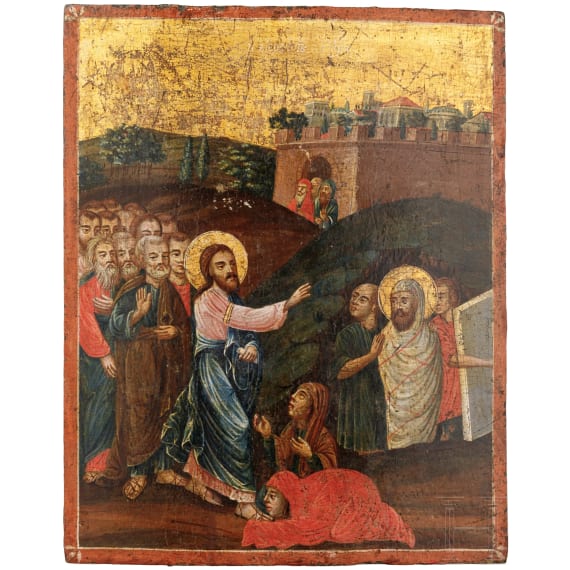 Gro&szlig;formatige Ikone mit der Erweckung des Lazarus, Griechenland, 19. Jhdt.