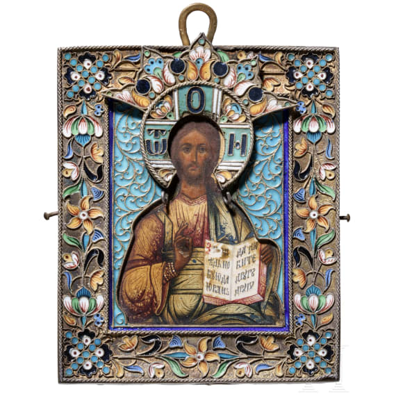 Kleine Cloisonn&eacute;-Email-Ikone mit dem Christus Pantokrator, Russland, Moskau, Wasili Semenow, um 1890