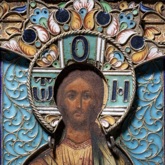 Kleine Cloisonn&eacute;-Email-Ikone mit dem Christus Pantokrator, Russland, Moskau, Wasili Semenow, um 1890