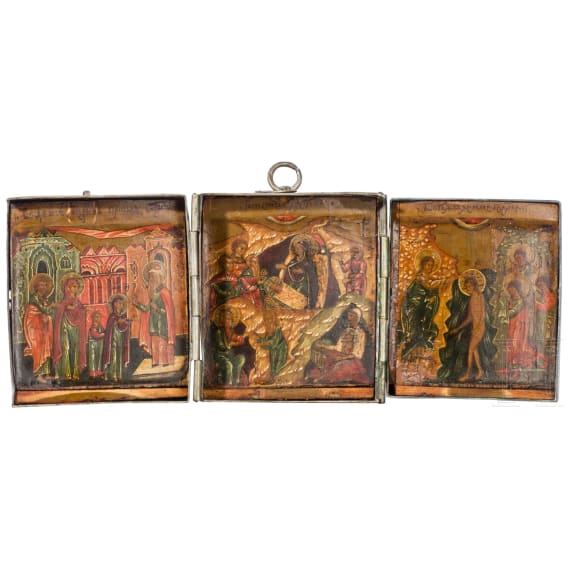 Reisetriptychon mit Silbermontierung, Russland, Kostroma, Fedor J. Schewjakow, um 1800