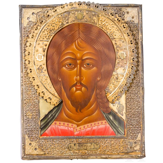 Ikone mit dem Mandylion mit Silberbasma, Russland, Moskau, Andrej Postnikow, 1877 (Basma)/neuzeitlich (Ikone)
